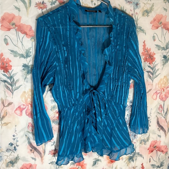 Notations Blue Ruffled Tie Front Blouse - Picture 3 of 9